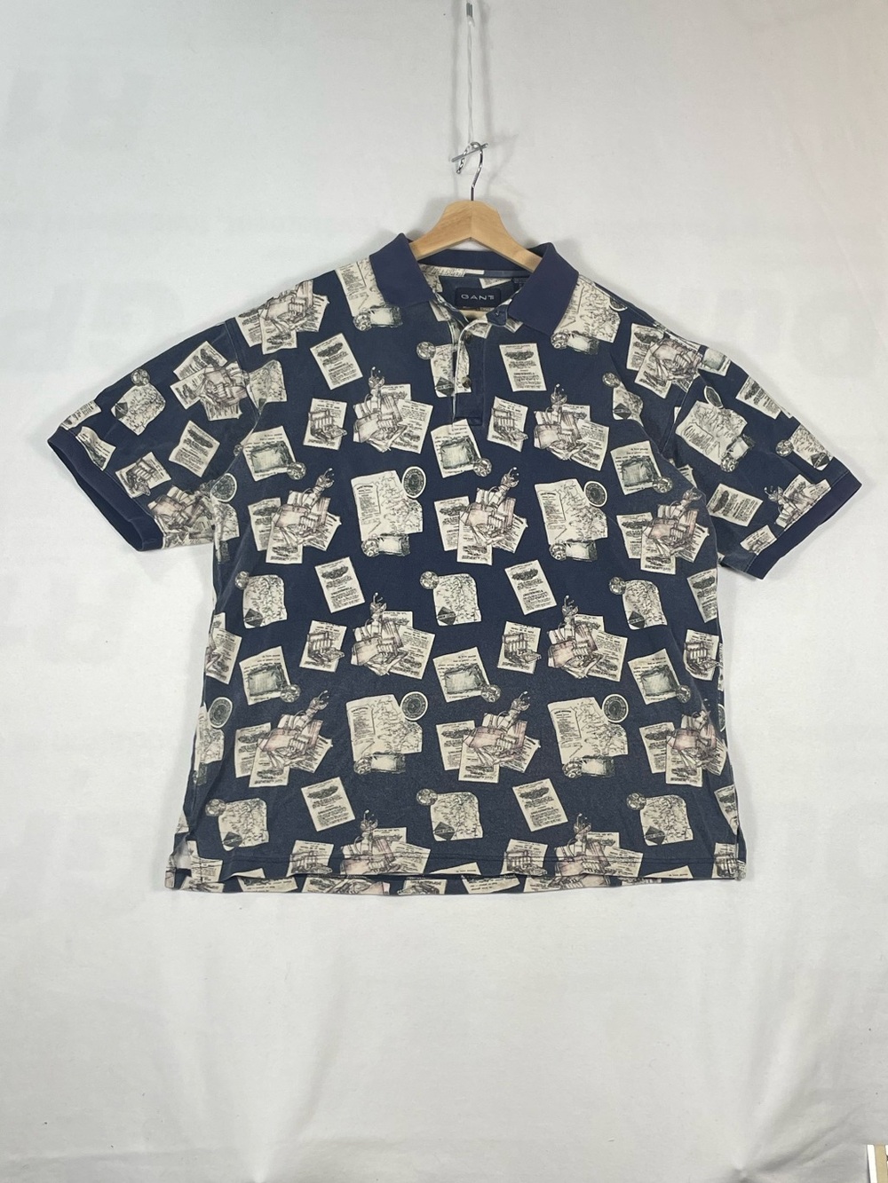 Vintage GANT Navy Golf AOP pattern Print Cotton Shortsleeve Polo Sz L